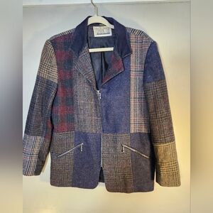 Character Plaid Patchwork Jacket -Blue & Green made in Greece vintage wool sz 10